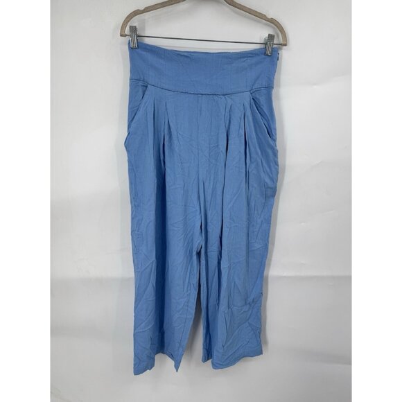 Free People Pleated Wide Leg Flowy Pants Women 8 Blue Preppy Feminine High Rise - Picture 1 of 8